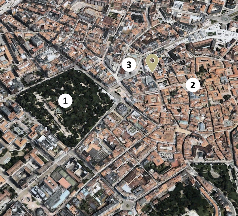 Plano aéreo de Oviedo con puntos de referencia señalados